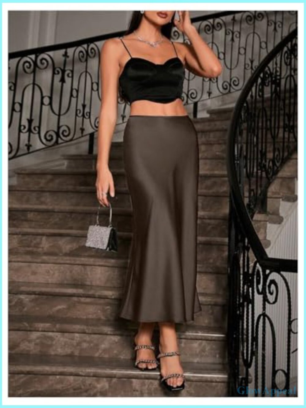 High Waisted A-Line Satin Skirt with Side Zipper, Midi Long - Picture 3 of 5